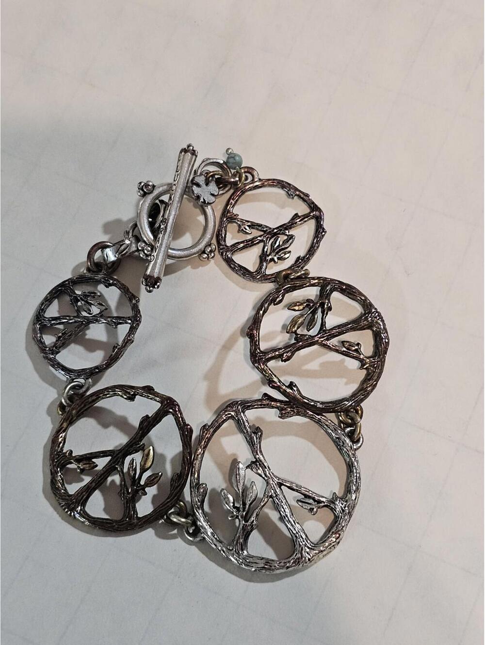 Lucky Brand Peace Symbol Bracelet Toggle Clasp 8" Mixed Metal Twigs & Leaves